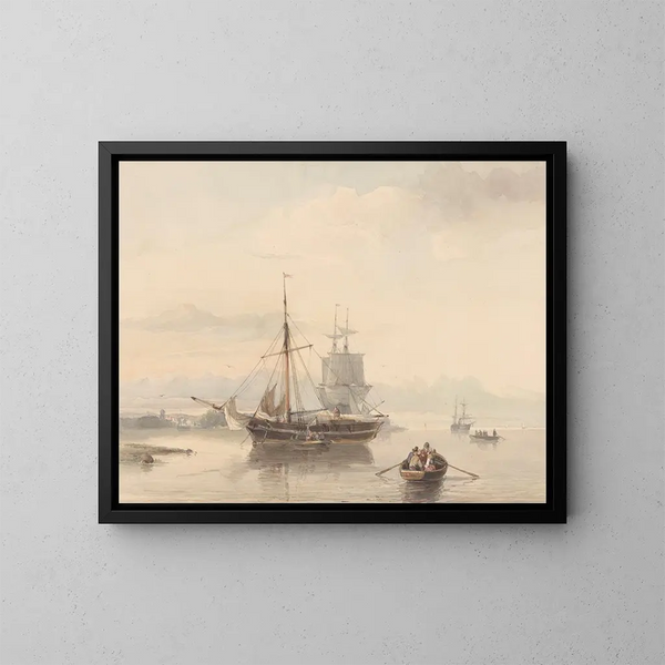 paisaje fluvial con canoas y veleros - Johan Adolph Rust — cuadro enmarcado en la pared