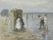 Johan Antonie de Jonge | Cuadro Vista a lo largo de la línea de marea en la playa de Scheveningen con dos damas y niños — vista de la obra
