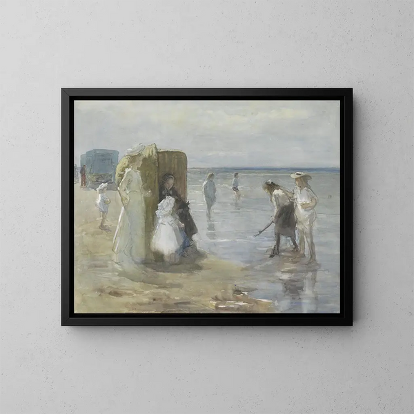 Johan Antonie de Jonge | Cuadro Vista a lo largo de la línea de marea en la playa de Scheveningen con dos damas y niños — cuadro enmarcado en la pared