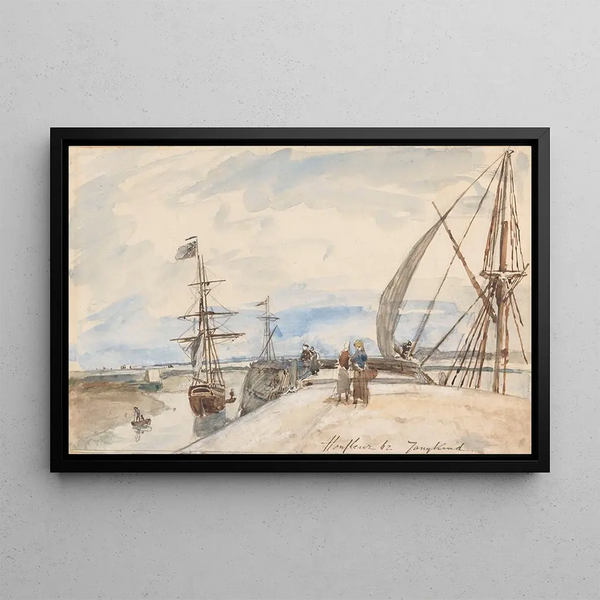 Embarkation Pier in Honfleur - Johan Barthold Jongkind — framed artwork on a wall