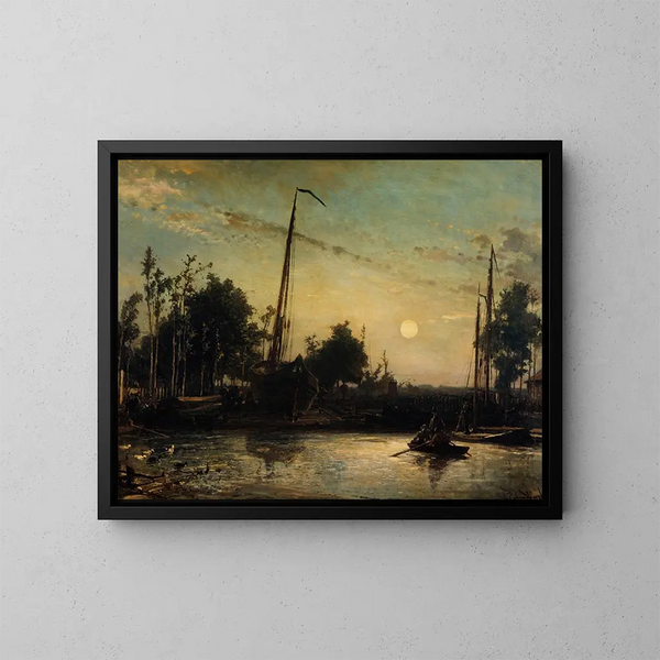 Barco en construcción junto a un canal, paisaje holandés - Johan Barthold Jongkind — cuadro enmarcado en la pared