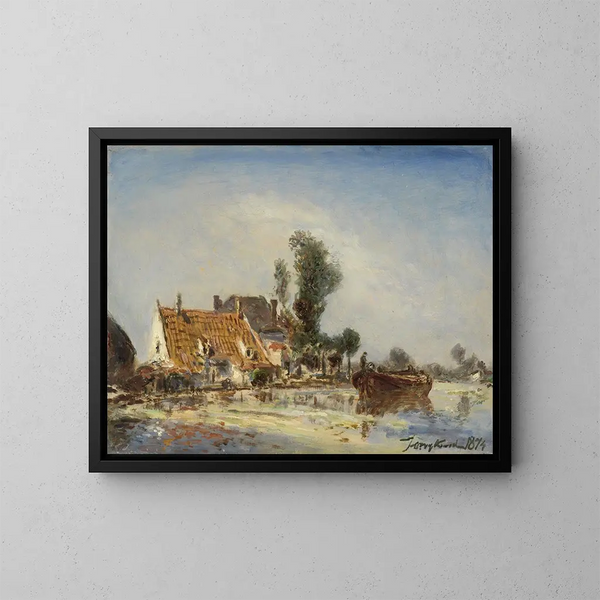 Houses on a canal near Crooswijk - Johan Barthold Jongkind — framed artwork on a wall