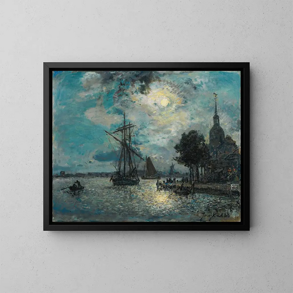 The port of Dordrecht in moonlight - Johan Barthold Jongkind — framed artwork on a wall