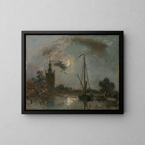 Overschie au clair de lune - Johan Barthold Jongkind — framed artwork on a wall