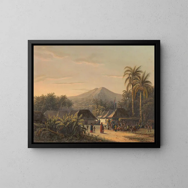 Fiesta de pueblo cerca de la montaña Ardjoeno - Johan Conrad Greive — cuadro enmarcado en la pared