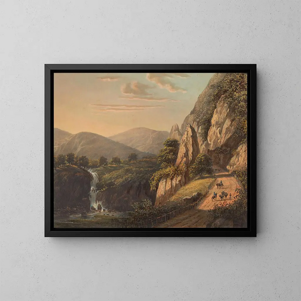 Vista de una cascada y un camino rural en Preanger en Java en los Sumandansche - Johan Conrad Greive — cuadro enmarcado en la pared