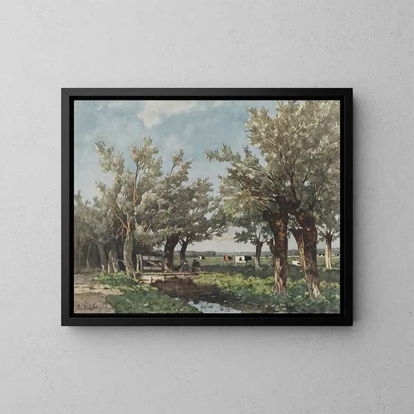 Paisaje con un arroyo donde dos niños pescan - Johan Hendrik Weissenbruch — cuadro enmarcado en la pared
