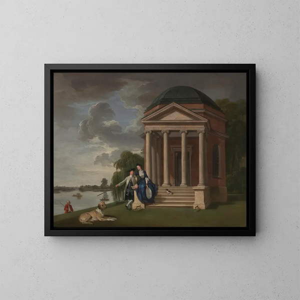 David Garrick y su esposa frente a su templo en Shakespeare en Hampton - Johan Joseph Zoffany — cuadro enmarcado en la pared