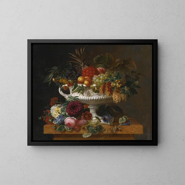 Classic urn painting with currants, apricots, blackcurrants, cherries, peaches, and pineapple on a flower-covered pedestal - Johan Laurentz Jensen — framed artwork on a wall