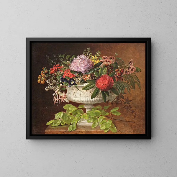 Flower painting in a centerpiece on a marble windowsill with a beech branch - Johan Laurentz Jensen — framed artwork on a wall