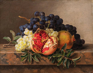 Johan Laurentz Jensen - Pomegranates and green and blue grapes on a marble frame.webp