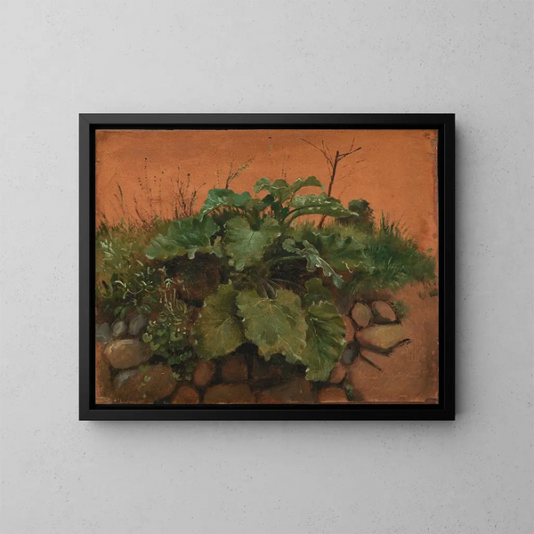 Un bardana y otras plantas en una pared de piedra - Johan Thomas Lundbye — cuadro enmarcado en la pared