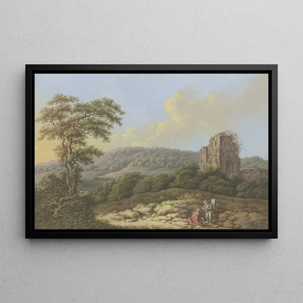 Johann Albrecht Friedrich Rauscher - Landschaft mit einer Ruine links ein hoher Baum im Vordergrund zwei Wanderer.webp