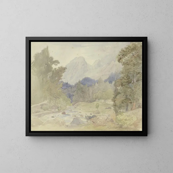 Paisaje de montaña con un arroyo cerca de Berchtesgaden - Johann Balthasar Bauer — cuadro enmarcado en la pared