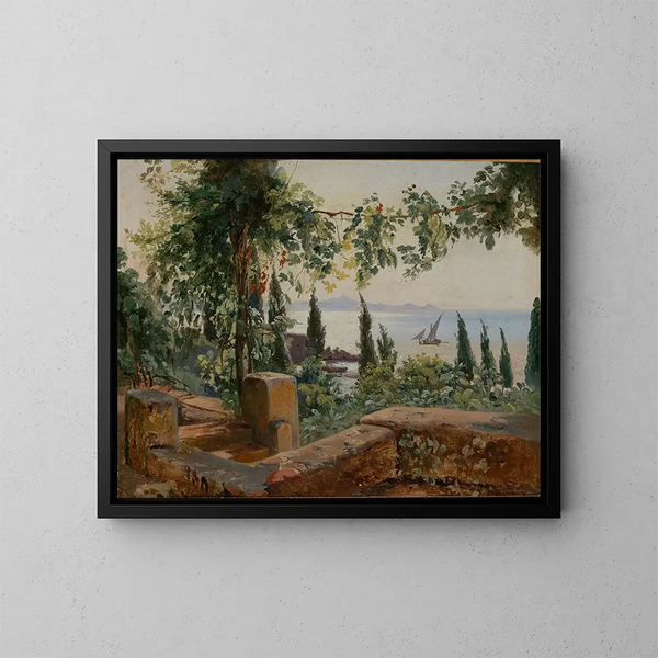 Estudio de paisaje italiano con vista al mar - Johann Baptist Kirner — cuadro enmarcado en la pared