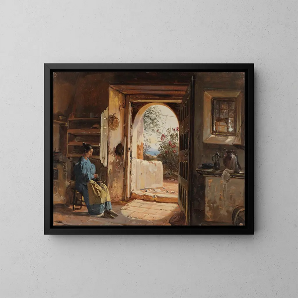 interior italiano con una mujer sentada moliendo café, ofreciendo una vista del jardín y el mar - Johann Baptist Kirner — cuadro enmarcado en la pared