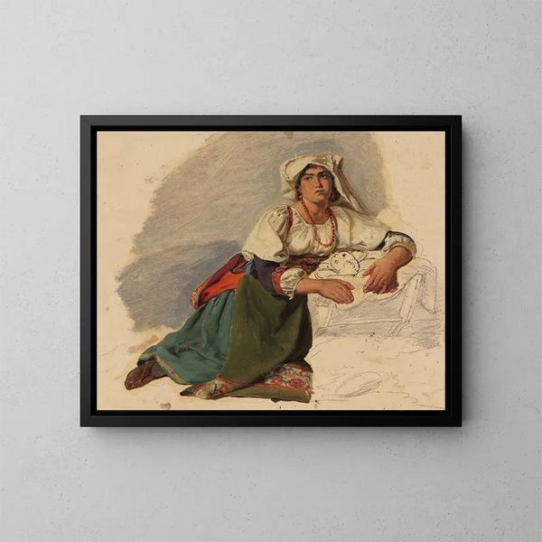 Mujer italiana arrodillada inclinándose sobre un niño - Johann Baptist Kirner — cuadro enmarcado en la pared