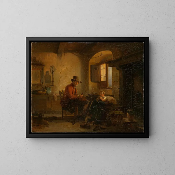 Cordonner con un niño en su taller - Johann Baptist Kirner — cuadro enmarcado en la pared