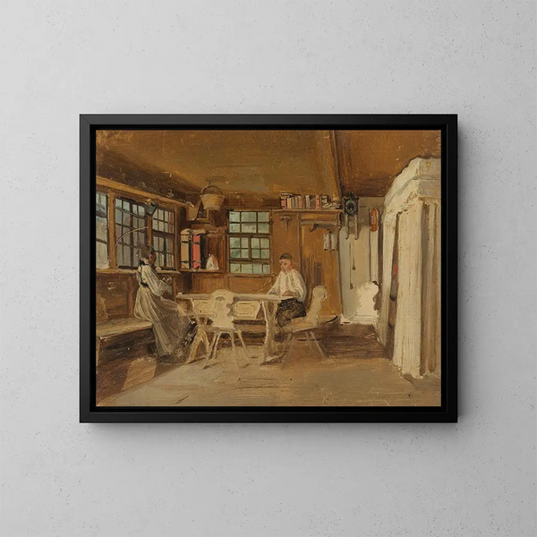 Sala campesina de la Selva Negra con una campesina tejiendo y un campesino leyendo - Johann Baptist Kirner — cuadro enmarcado en la pared