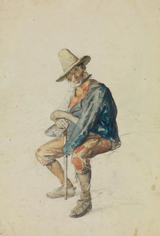 Johann Baptist Kirner - Sitzender lterer Italiener beide Hnde auf einen Stock gesttzt nach links gewendet.webp