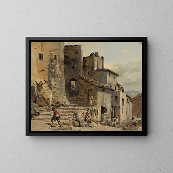 Calle en escaleras en un pueblo de montaña italiano - Johann Baptist Kirner — cuadro enmarcado en la pared