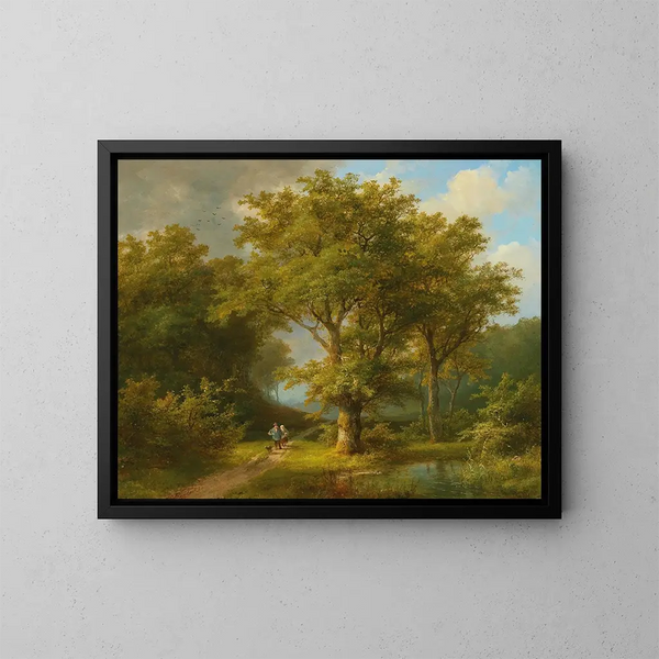 Paisaje boscoso con una pareja de campesinos regresando a casa - Johann Bernhard Klombeck — cuadro enmarcado en la pared