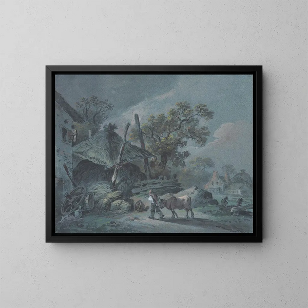 a Farm with a hayloft - Johann Christian Brand — framed artwork on a wall
