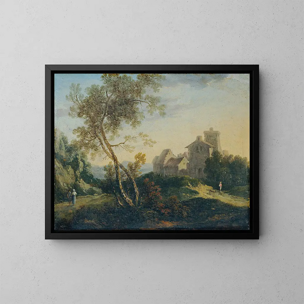 Ideal landscape with trees and a fortified village at dusk - Johann Christian Brand — framed artwork on a wall