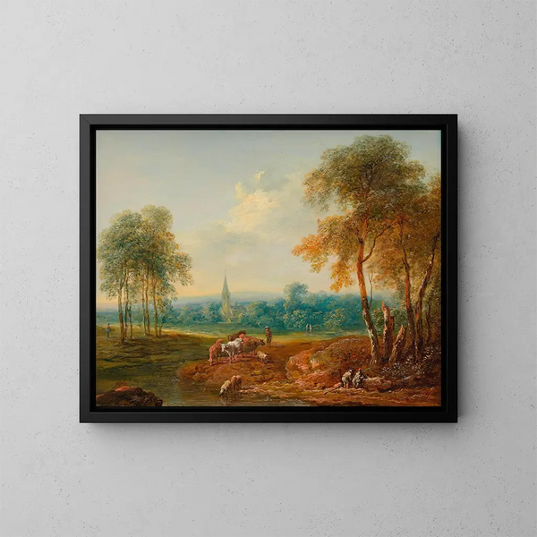 Landscape with a Herd of Cows - Johann Christian Brand — framed artwork on a wall