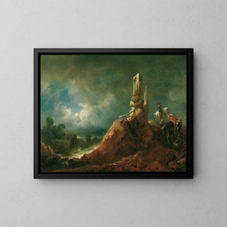 Johann Christian Brand - Landschaft mit Ruine und Reiter bei Mondschein.webp