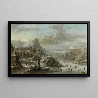 Johann Christian Vollerdt - A winter landscape with skaters on a frozen river.webp