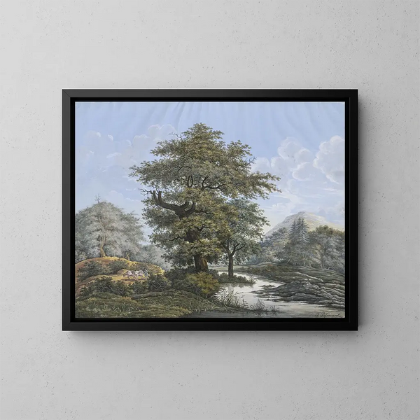 Paisaje boscoso con un roble al borde de un río - Johann David Passavant — cuadro enmarcado en la pared