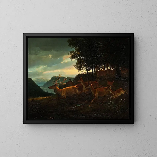 Deer in the Woods - Johann Erdmann Gottlieb Prestel — framed artwork on a wall
