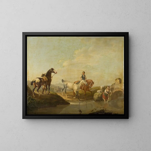 Un esposo conduciendo dos caballos al agua - Johann Georg Pforr — cuadro enmarcado en la pared