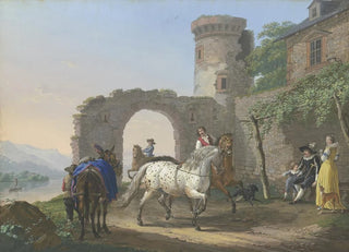 Johann Georg Pforr - Ein Kavalier sitzt mit seiner Frau und seinem Sohn vor seinem Haus und lsst sich einen Schimmel vorfhren.webp