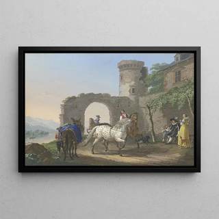 Johann Georg Pforr - Ein Kavalier sitzt mit seiner Frau und seinem Sohn vor seinem Haus und lsst sich einen Schimmel vorfhren.webp