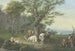 rebaño descansando bajo un roble, a la derecha pastor y pastora almorzando y vista en la distancia - Johann Georg Pforr — vista de la obra
