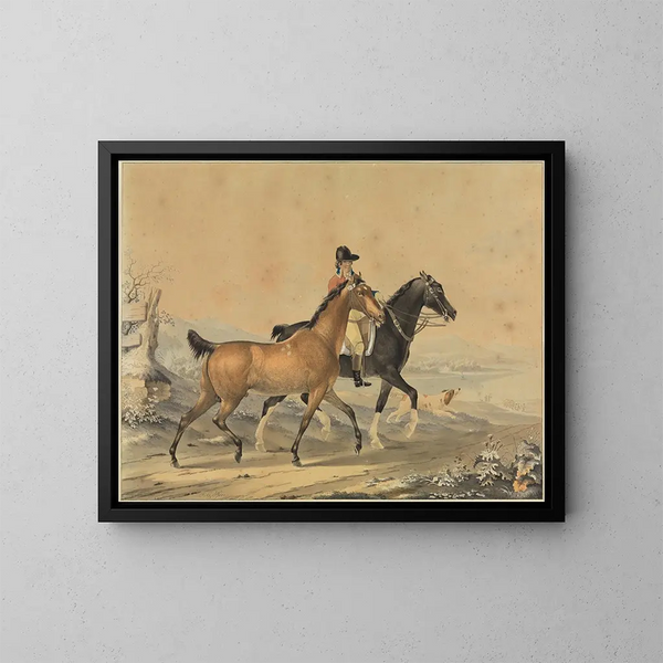 Caballero con dos caballos y un perro - Johann Georg Pforr — cuadro enmarcado en la pared