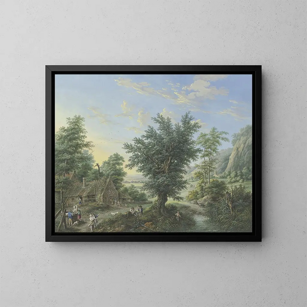 paisaje rico con árboles, praderas y pueblos, a la izquierda en primer plano una cabaña con un pozo y muchas figuras - Johann Georg Pforr — cuadro enmarcado en la pared