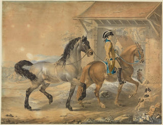Johann Georg Pforr - Soldat mit 2 Pferden vor Gehft.webp