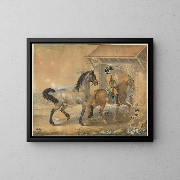 Soldado con 2 caballos frente a un establo - Johann Georg Pforr — cuadro enmarcado en la pared