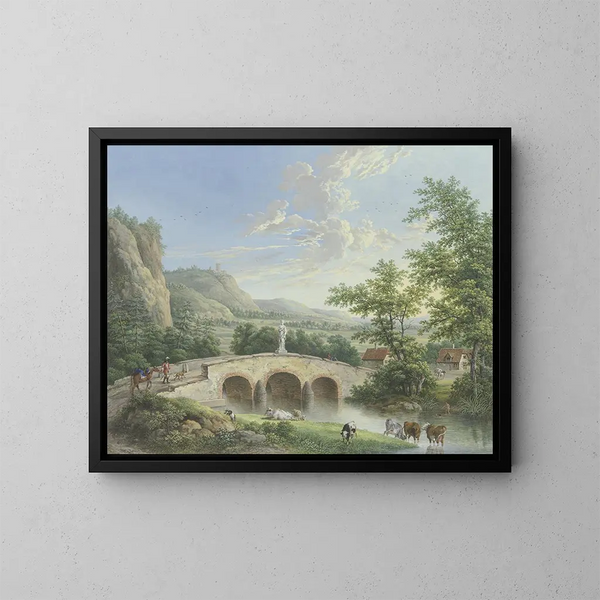 paisaje con un puente de piedra en el que se coloca una escultura antigua - Johann Georg Pforr — cuadro enmarcado en la pared