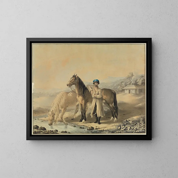 turco con dos caballos junto al río - Johann Georg Pforr — cuadro enmarcado en la pared