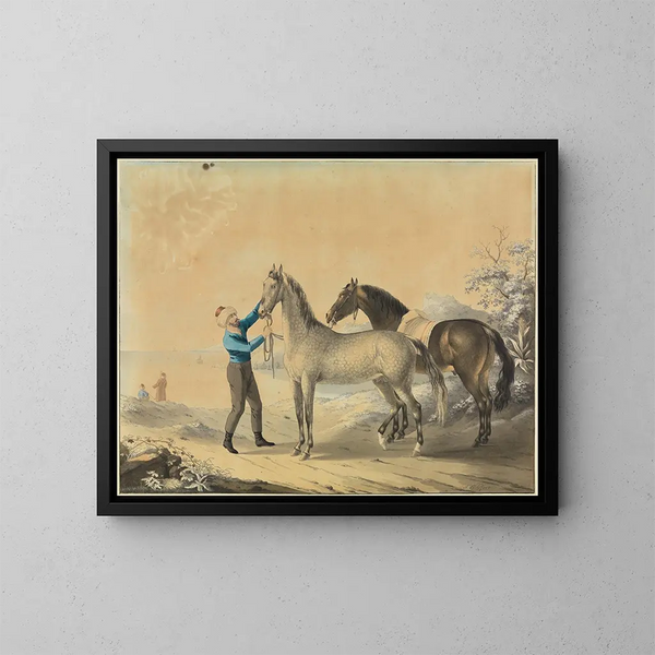Caballero con dos caballos junto al mar - Johann Georg Pforr — cuadro enmarcado en la pared