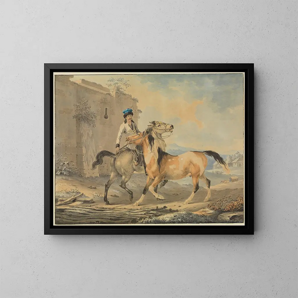 turco con dos caballos frente a una ruina de castillo - Johann Georg Pforr — cuadro enmarcado en la pared