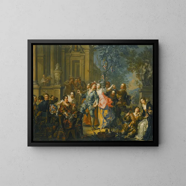 Una compañía elegante divirtiéndose frente a un palacio - Johann Georg Platzer — cuadro enmarcado en la pared