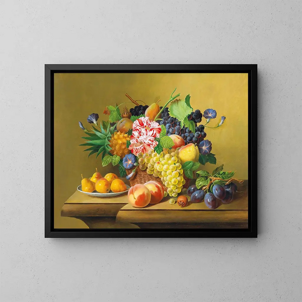 Nature morte avec un panier de fruits et une assiette de poires - Johann Georg Seitz — framed artwork on a wall