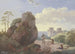 a large rock beside a path with shepherds and livestock, on the right a ruin - Johann Georg Wagner — artwork view