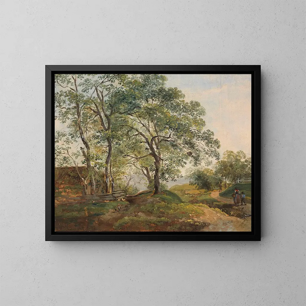 Sacred wooded landscape with cabin - Johann Georg von Dillis — framed artwork on a wall