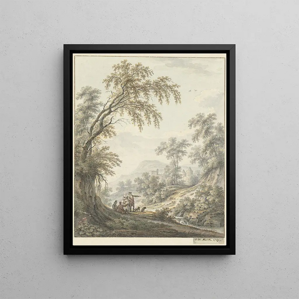 Johann Heinrich Mntz - Landschap met watervalletje en in de verte een kasteel.webp